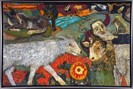 Sample artwork by Terry Turrell (Born 1946), known for quirky assemblages, finger painting, unique t-shirt designs - View similar artists and auction records
