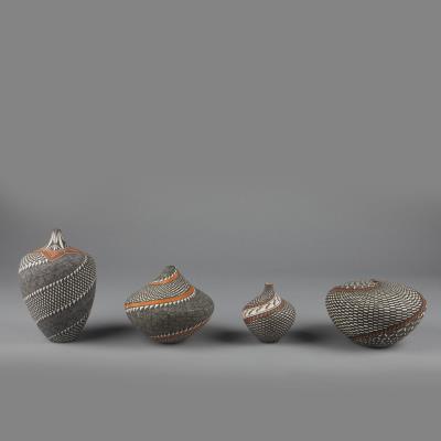 Group of Four Fine Line Pots with Geometric Designs