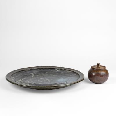 Two Ceramic Works: Large Drip Platter + Lidded Jar