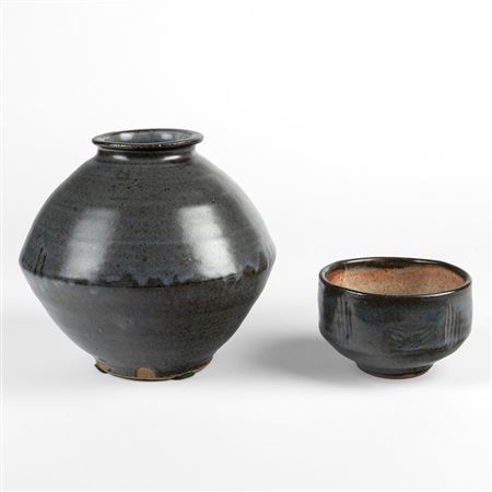 Two Pottery Items: Blue Vase + Two-Toned Bowl