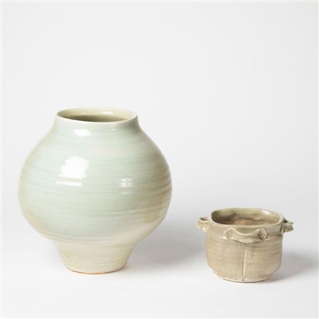 Two Ceramic Works: Cream Glossy Vase + Handled Bowl