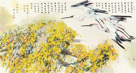 Cranes over Flower Fields