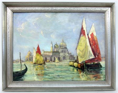 Sailing boats in front of the church of Santa Maria della Salute in Venice
