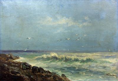 Sea surf with flying seagulls