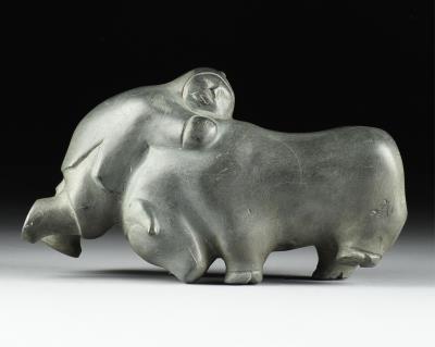 Hunter and Musk Ox by David Ikutaaq - Auction record, sale price, and art valuation. Compare with similar artists and explore comparable artworks.