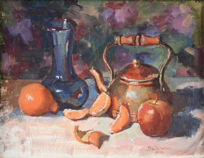 Copper Teapot with Apple and Orange