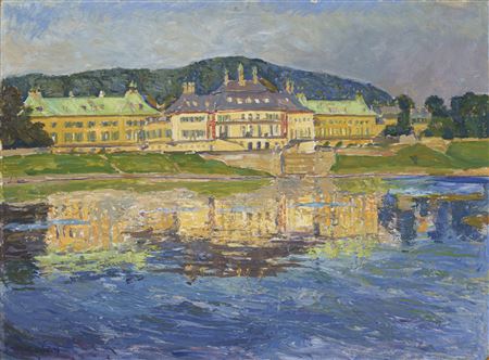 Schloß Pillnitz vom linken Elbufer.