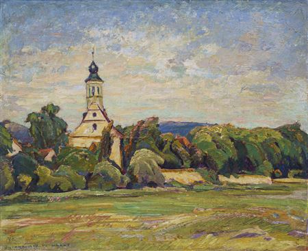 "Hosterwitzer Landschaft (Blick über die Elbwiesen auf Maria am Wasser, Pillnitz). Wohl"