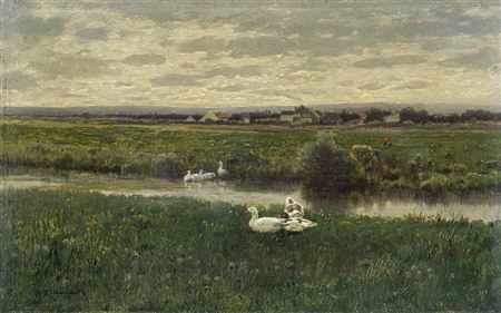 Gänse am Wiesenbach. Um 1890/