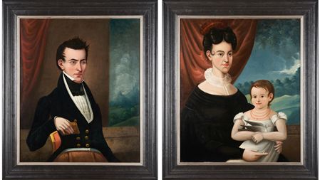 Pair of Portraits of a Man and a Woman with Child
