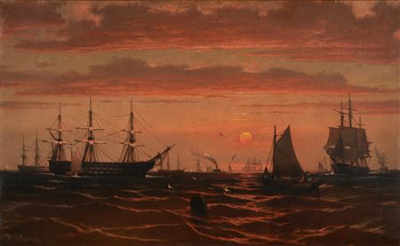 Ships at Sunset (probably Narragansett Bay)