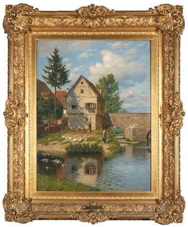 House Along the River with Ducks and Children