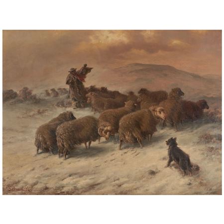 Shepherd with His Flock in a Snowstorm