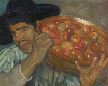 Hombre con cacerola de manzanas