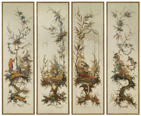 Chinoiserie Panel with a Musical Ensemble; Chinoiserie Panel with a Faux Pair of Scales; Chinoiserie Panel with a See-Saw; Chinoiserie Panel with a Trio of Figures (4)