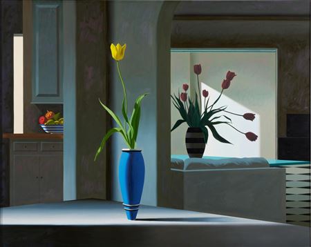 Interior with Yellow Tulip in the Light and Red