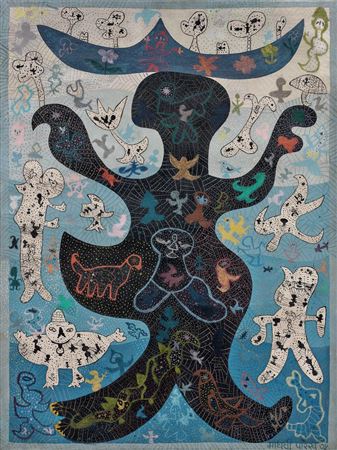 Sample artwork by Madhvi Parekh (Born 1942), known for folk art, cartoon style portraits, creature imagery, cultural symbolist painting - View similar artists and auction records