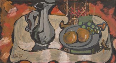 Pot of Tin and Plate of Fruit