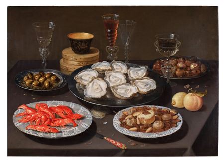Still Life with Oysters, Langoustines, Olives, Chestnuts, and Façon de Venise Wine Glasses