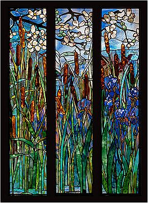 Iris, Cattail and Dogwood Triptych Window