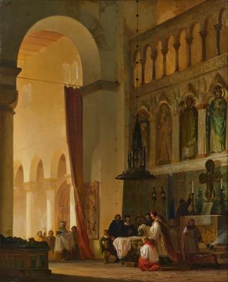 Taufe eines Kindes vor dem Seitenaltar (Baptism of a child in front of the side altar) by Friedrich Carl Mayer - Auction record, sale price, and art valuation. Compare with similar artists and explore comparable artworks.