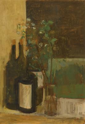 Still Life of Wine Bottles and Flowers