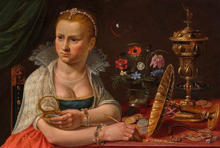 A presumed self-portrait with a lavish display of objects in a vanitas still life and a still life of flowers in a glass vase