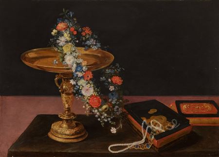 Still life with a garland of flowers resting on a gilt tazza and a jewellery box