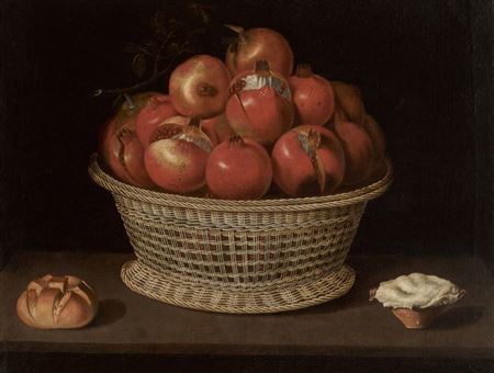 Still life of pomegranates in a basket, a bread roll and a pastry on a ledge by Thomas Hiepes - Auction record, sale price, and art valuation. Compare with similar artists and explore comparable artworks.