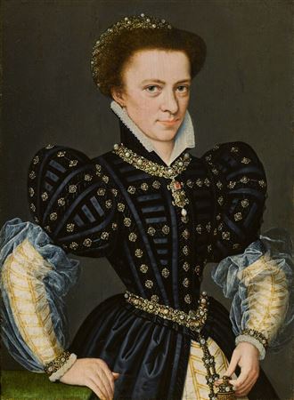 Portrait of a lady, half-length, wearing a black dress with white gold-trimmed sleeves