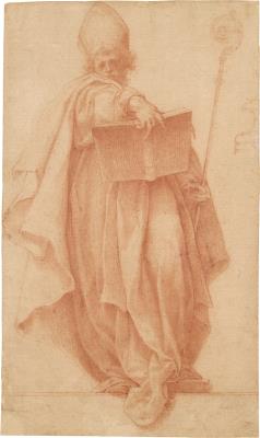 A standing bishop holding a book
