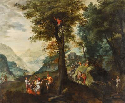 Extensive wooded landscape with travellers, shepherds tending their flock and the Flight into Egypt, a valley beyond