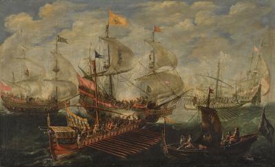 A naval battle between Turks and Christians, probably the Battle of Lepanto