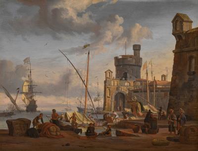 A Mediterranean harbour with figures on a quayside