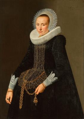 Portrait of a lady, three-quarter-length, wearing a black embroidered dress and cartwheel ruff by Nicolaes Elias - Auction record, sale price, and art valuation. Compare with similar artists and explore comparable artworks.