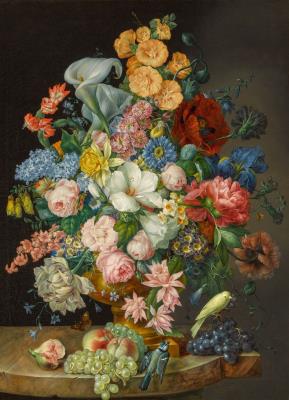 Still life of roses, arum lilies, a peony, lilac, hollyhocks and other flowers in an urn, with a blue tit, a canary and a Meadow Brown butterfly (Maniola jurtina) and fruit on a marble ledge