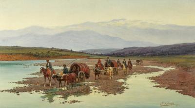 Caravan fording a river