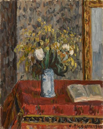 Vase of flowers, tulips and broom