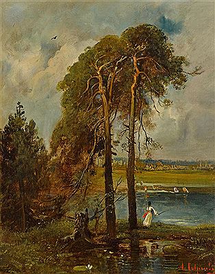 Girl Tending Cows by a Pond