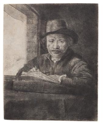 Self-Portrait Etching at a Window
