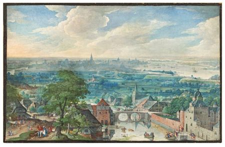Panoramic landscape with a tower and a river in the foreground and a view of Antwerp and the River Schelde in the distance