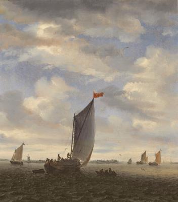 An estuary scene with smalschips on a broad reach before a gentle breeze