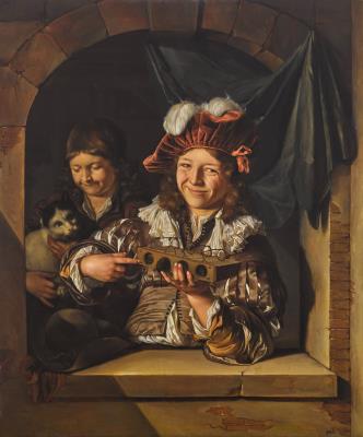 Two boys with a mousetrap and a cat at a window