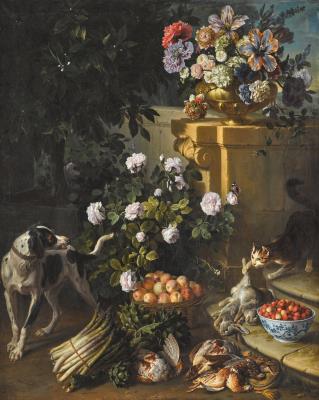 Still life with a dog and a cat in a garden landscape with game, flowers, a bunch of asparagus, a wicker basket of peaches and a blue and white porcelain bowl of wild strawberries