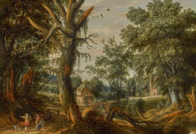 A wooded landscape with travellers and a falconer on a path by a stream