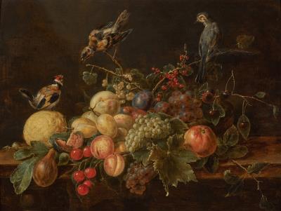 Still life of grapes, peaches, cherries, plums, figs, red and white currants, a lemon and other fruit on a table with three birds
