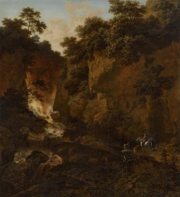 Travellers by a stream below a waterfall in a mountainous landscape