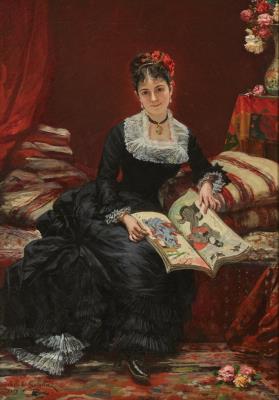 Young lady looking at Japanese prints