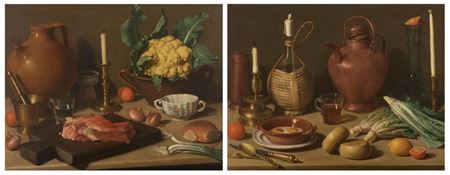 A pair of still lifes: one with meat on a chopping board, a pestle and mortar, a glass of water, a candlestick and vegetables; the other with a bottle, a glass of wine, two cooked eggs in a dish and vegetables