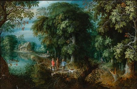 Hunters in a wooded landscape